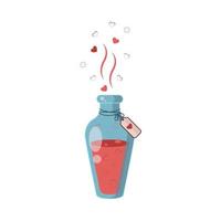 Love potion. The drink that makes you fall in love with yourself. Bottles of Magic elixir. Red Liquid in glass jar in cartoon style. Vector illustration in flat style.