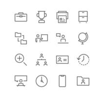 Set of business and communication icons, search, meeting, presentation, phone, time, and linear variety vectors. vector