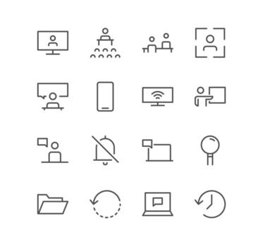 Set of interface and communication icons, search, meeting, presentation, phone, alert, time, mail and linear variety vectors. vector