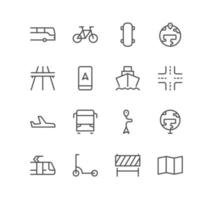 conjunto de iconos de vehículos y transporte, viajes, bicicletas, trenes, automóviles, tránsito y vectores de variedad lineal.