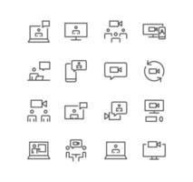 Set of video conferencing and online communication icons, group, meeting, presentation, group chat, online education, video call, view camera and linear variety vectors. vector