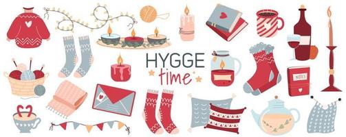 Hygge time. Cute illustrations with cozy items. Big stickers set. Isolated on white background. vector