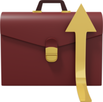 A brown briefcase with a gold arrow growing up, seen from the front. PNG icon on transparent background. Business portfolio success. 3D rendering.