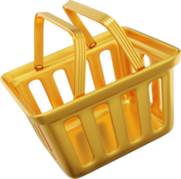 Plastic yellow flying shopping basket with handles. PNG icon on transparent background. 3D rendering.