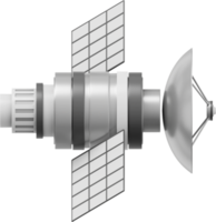 Space satellite with an antenna. Orbital communication station intelligence, research. 3D rendering. Metallic PNG icon on transparent background.