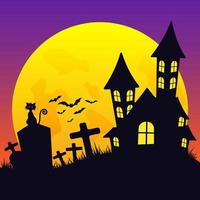 Halloween Cats,Graves,Bats and dark castle on Yellow Moon background. vector