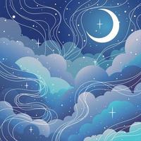 night sky, moon among the clouds, stars in the sky vector