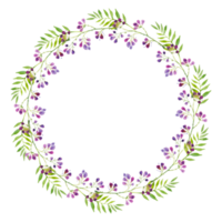 wreath of branches of blue flowers and green leaves,   watercolor illustration. png