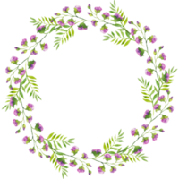 wreath of branches of blue flowers and green leaves,   watercolor illustration. png