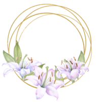 corona de marco dorado redondo con flores de lirio blanco y rosa, ilustración acuarela. aislado en blanco ideal para decorar invitaciones de boda, álbumes y carteles png