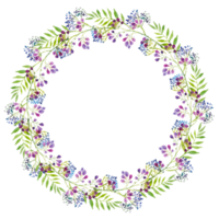 wreath of branches of blue flowers and green leaves,   watercolor illustration. png