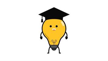 Light bulb idea wearing graduation hat cute kawaii cartoon animation. White and green screen background. video