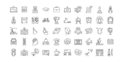 Set of school outline icons. Contains such Icons as whiteboard, teacher, student, graduation, breakfast, art class, basket ball, library, bus, certificate, stationary, etc. pixel perfect at 64x64. vector