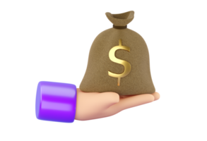 Mano humana 3d sosteniendo una bolsa de dinero con un signo de dólar dorado. concepto de negocios, ahorro, dinero, banca, inversión financiera y servicios. renderizado 3d aislado de alta calidad realista png