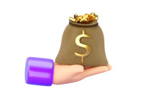 Mano humana 3D sosteniendo una bolsa de dinero abierta con un signo de dólar dorado. concepto de negocios, ahorro, dinero, banca, inversión financiera y servicios. renderizado 3d aislado de alta calidad realista png