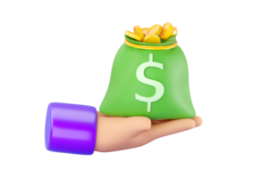 3D mão humana segurando o saco de dinheiro aberto de plástico verde com cifrão. negócios, poupança, dinheiro, banca, investimento financeiro e conceito de serviços. renderização de alta qualidade isolada 3d realista