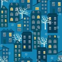Seamless winter Christmas pattern with any house and building. Vector illustration on blue background.