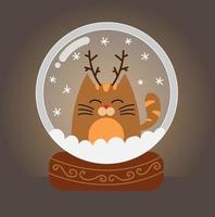 Snow globe with funny cat and winter landscape. vector
