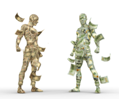 dólar americano vs iene japonês, negociação forex, emparelhamento de moedas, personagens humanos feitos de dinheiro, renderização em 3d