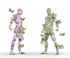 US Dollar vs Swiss franc, Forex trading, currency pairing, human characters made of money, currency fight, 3d rendering png