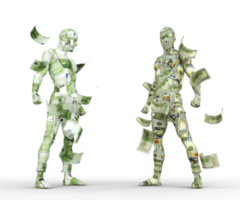 US Dollar vs Euro, Forex trading, currency pairing, human characters made of money, 3d rendering png