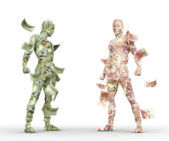 Us dollar vs British pound, Forex trading, currency pairing, human characters made of money, 3d rendering png