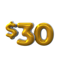 30 dollar 3D number with yellow color png