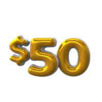 50 dollar 3D number with yellow color png