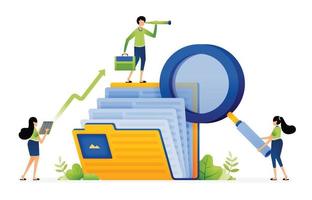 illustration of searching for documents stored in files with a magnifying glass, organize documents more efficiently. design can be used for landing page, startup apps, web page, ads vector