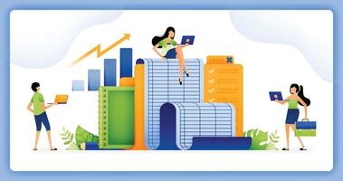 illustration of managing a company financial archive folder to be processed on spreadsheet and presented at company meeting. design can be used for landing page, startup apps, web page, ads vector