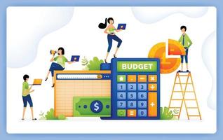 illustration of making budgeting and financial spending planning with accounting calculator software. design can be used for landing page, startup apps, web page, ads vector