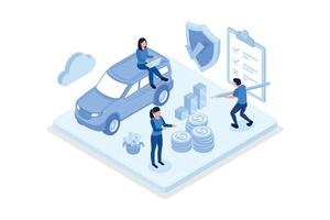 Man Character Signing Car Insurance Policy Form. Insurance Agent providing Security Document. Auto Care and Protection Concept, isometric vector modern illustration