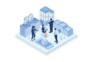 People Characters standing in Modern Smart City and Communicating with New Generation 5g Technology Network. High-speed mobile Internet Concept, isometric vector modern illustration