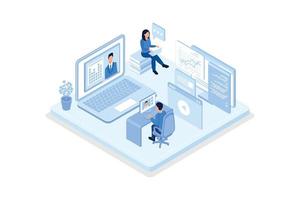 Student Learning Online at Home. Character Sitting at Desk, Looking at Laptop and Studying with Smartphone, Books and Exercise Books. Online Education Concept, isometric vector modern illustration