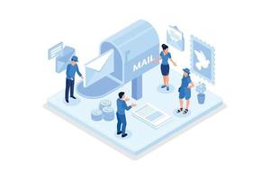 People Characters Standing Near Postbox and Sending Mails. Woman and Man Holding Envelopes Reading Letters. E-mail Marketing Concept, isometric vector modern illustration