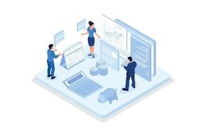 Office Desk with Documents for Tax Calculation. Finance Report with Graph Charts. Calendar show Tax Payment Date. Accounting and Financial Management Concept, isometric vector modern illustration