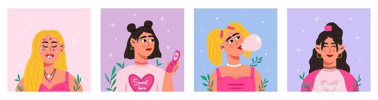 Set of women dressed in y2k style vector