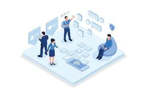 People Characters standing near Smartphone and looking at new Social Media Post. Woman and Man leaving Comments and likes for Photo in Mobile App, isometric vector modern illustration