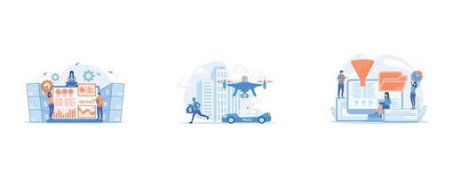 Laptop with data visualization software and developers working, Police car and drone tracking thieve in mask with money and crime scene, Dashboard consolidating metrics on computer screen, vector