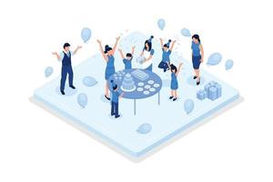 People Characters standing near Birthday Cake and Celebrating. Woman and Man holding Gift and Balloons. Friends Enjoying the Party. Happy Birthday Concept, isometric vector modern illustration