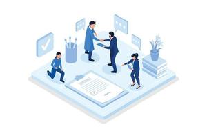 Characters Shaking Hands after Signing Official Contract Document. Two Businessman Finishing Successful Business Deal. Contract Agreement and Management Concept, isometric vector modern illustration