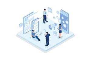 Social media referral program concept with characters, isometric vector modern illustration