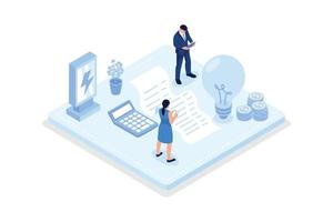 Sustainability illustration set. Characters calculating and paying electricity, utilities and household invoice bills. Home finances management and sustainable housing concept. vector