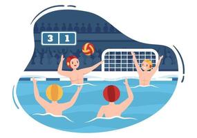 jugador de waterpolo jugando para lanzar la pelota en la portería del oponente en la piscina en dibujos animados planos dibujados a mano ilustración de plantillas vector