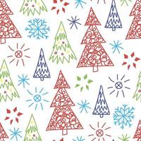 Simple abstract vector seamless pattern in doodle style. multicolored snowflakes, Christmas trees, stars on a white background. For New Year's, Christmas designs, wrapping paper, textile products.