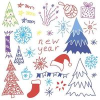 Simple multicolored vector doodle set for New Year design. Festive Christmas elements, decoration, pattern making.