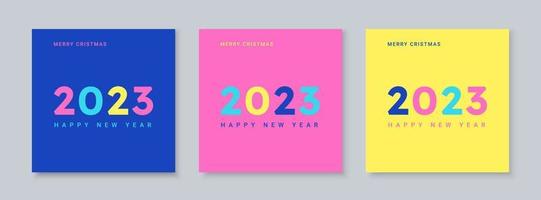 concepto moderno creativo de 2023 juego de carteles de feliz año nuevo. plantillas de diseño con texto 2023. estilo y2k, colores brillantes de neón. fondos de moda minimalistas para banner, portada, logotipo, tarjeta, afiche. vector