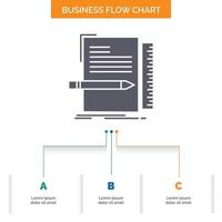 código. codificación. expediente. programación. diseño de diagrama de flujo de negocio de guión con 3 pasos. icono de glifo para el lugar de plantilla de fondo de presentación para texto. vector