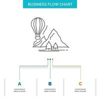 explorar. viajar. montañas. cámping. diseño de diagrama de flujo de negocios de globos con 3 pasos. icono de línea para el lugar de plantilla de fondo de presentación para texto vector