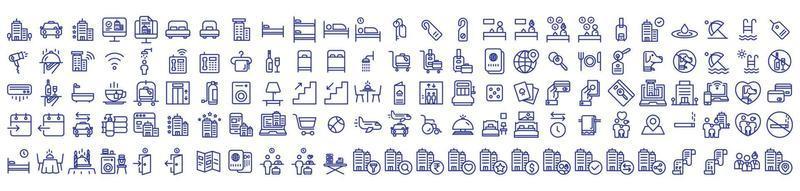 Collection of icons related to Hotel and lodge, including icons like Restaurant, Taxi, Room, Spa and more. vector illustrations, Pixel Perfect